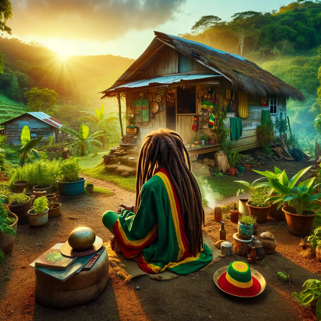 A peaceful Rastafarian meditates at sunrise outside a rustic Jamaican cottage, surrounded by lush greenery and elements of music, capturing di essence of Rasta life connected to nature and spirituality.