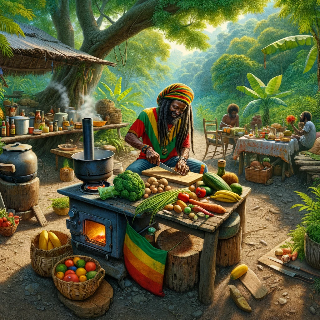 A Rastafarian joyfully prepares Ital food in an outdoor kitchen amidst Jamaica's tropical flora, reflecting di communal, earthy, and joyful aspects of Rasta living, with fellow Rastas engaging in friendly talk under a shady tree.