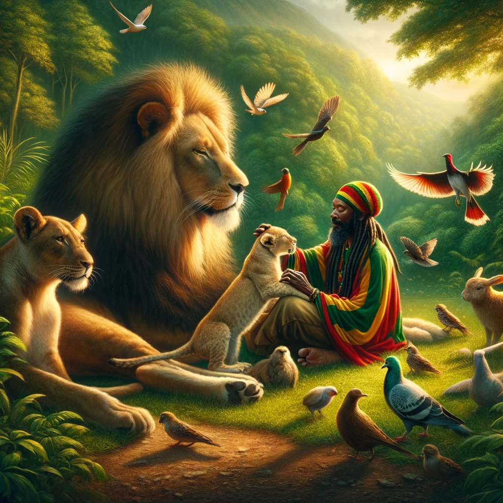 An image capturing the essence of Rastafari culture's connection with animals. It could feature a serene natural landscape with a lion, symbolizing strength and royalty, amidst lush greenery. In the foreground, a Rastafari figure could be seen in peaceful coexistence with various animals, including birds and a pet dog or cat. The image should emanate a vibe of unity, respect, and harmony with nature, reflecting the Rastafari principle of 'I and I' – equality among all living beings.