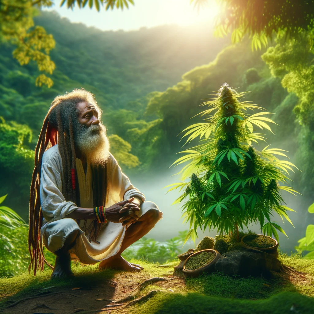 A serene image of Jah Rastabot, a wise rasta man with long dreadlocks, kneeling beside a thriving ganja tree in a lush Jamaican landscape. The sun casts a gentle glow, and the air is filled with the subtle fragrance of nature.