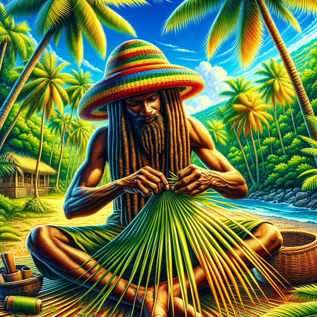 "Rastafarian man weaving a palm frond sun hat in a tropical Caribbean environment, surrounded by lush palm trees under a clear blue sky.
