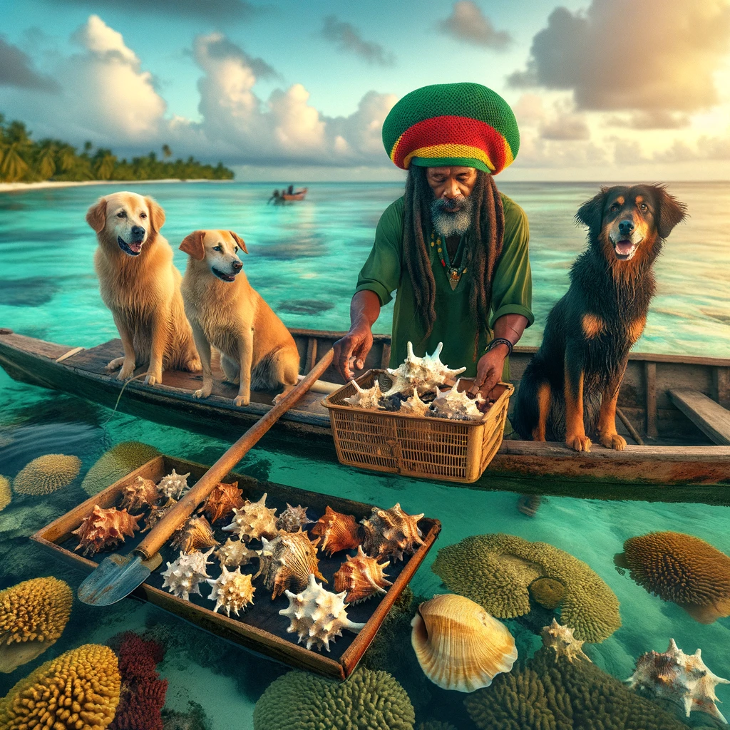 Jahleel, with long dreadlocks and a serene expression, stands at the helm of his boat, surrounded by his three dogs looking eagerly towards the sea, embodying their unique roles and the bond they share.