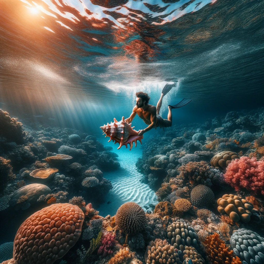 An underwater view showing Jahleel diving among vibrant coral reefs, spotlighting the art of conch fishing and his connection with the sea, with the surface of the water reflecting a glimmer of sunlight.