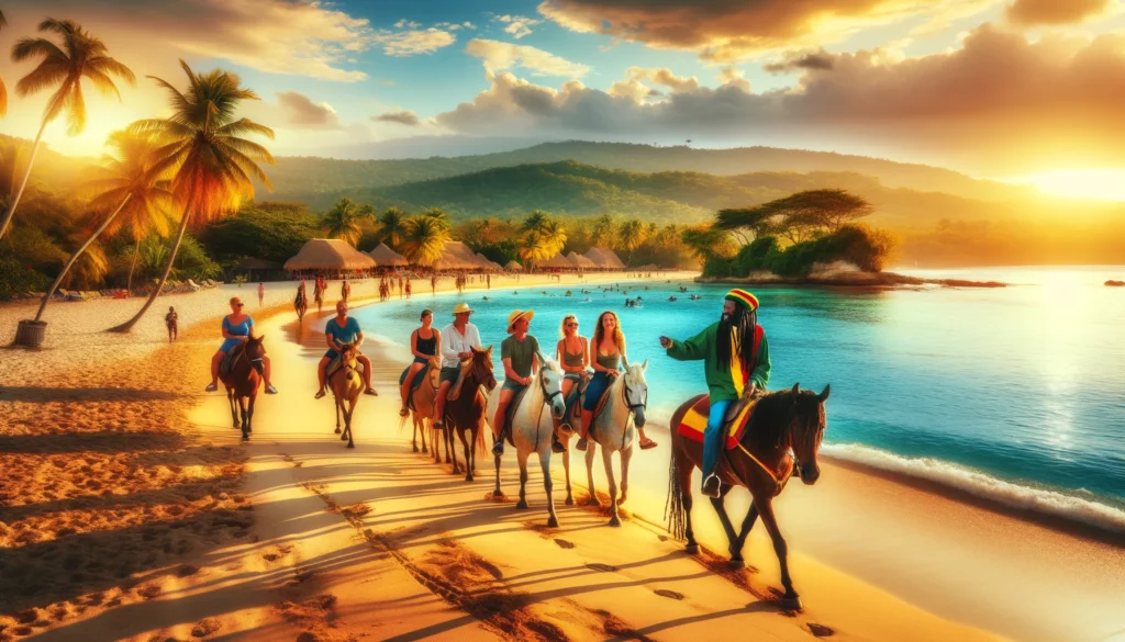 a beautiful DALL-E creation capturing the essence of the story. It shows a Rasta guide leading tourists on a horseback ride along a stunning Jamaican beach.