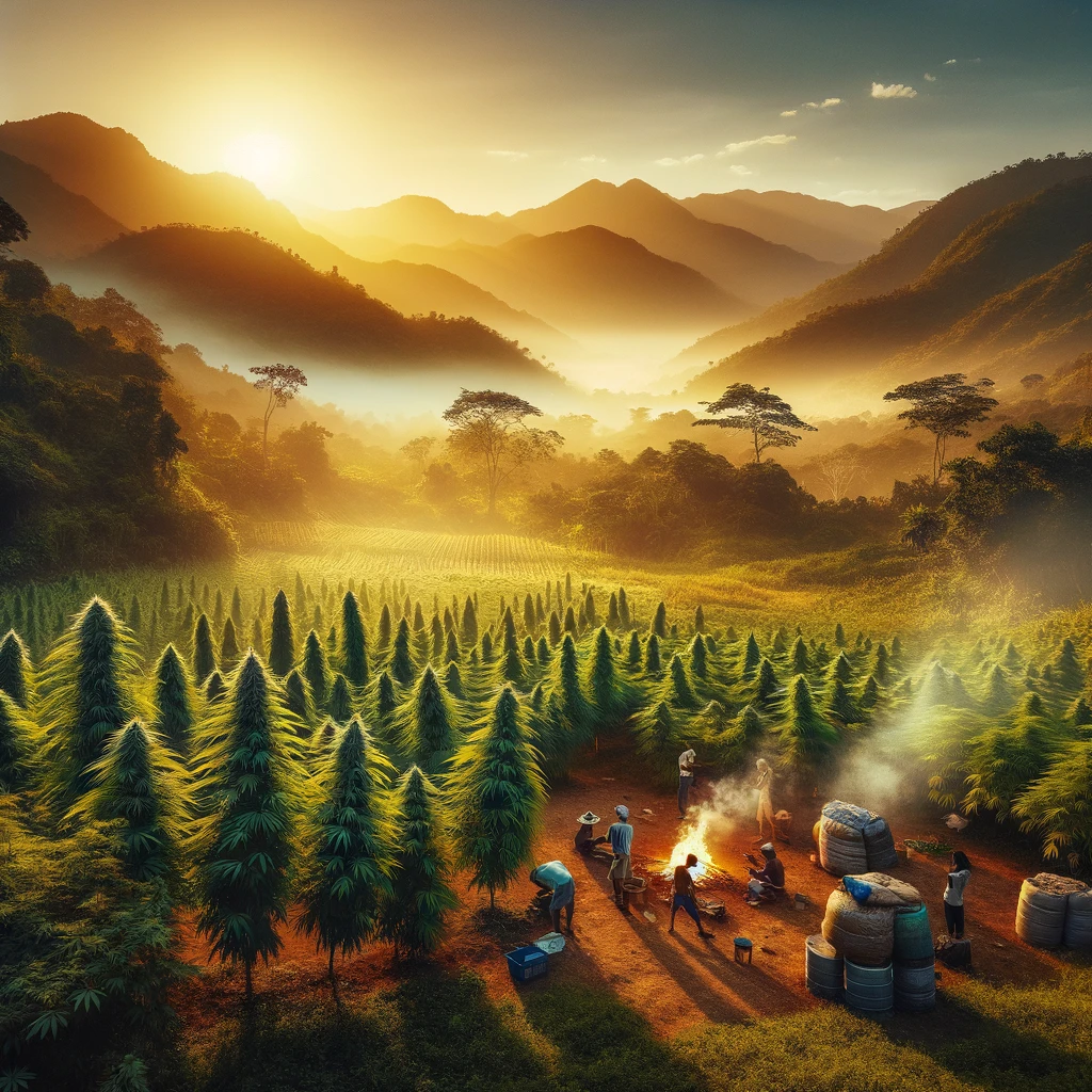 A serene Jamaican mountain landscape with lush ganja farms, showcasing tall ganja plants under the golden sunlight, with a backdrop of misty mountain peaks and a group of farmers gathered around a fire.