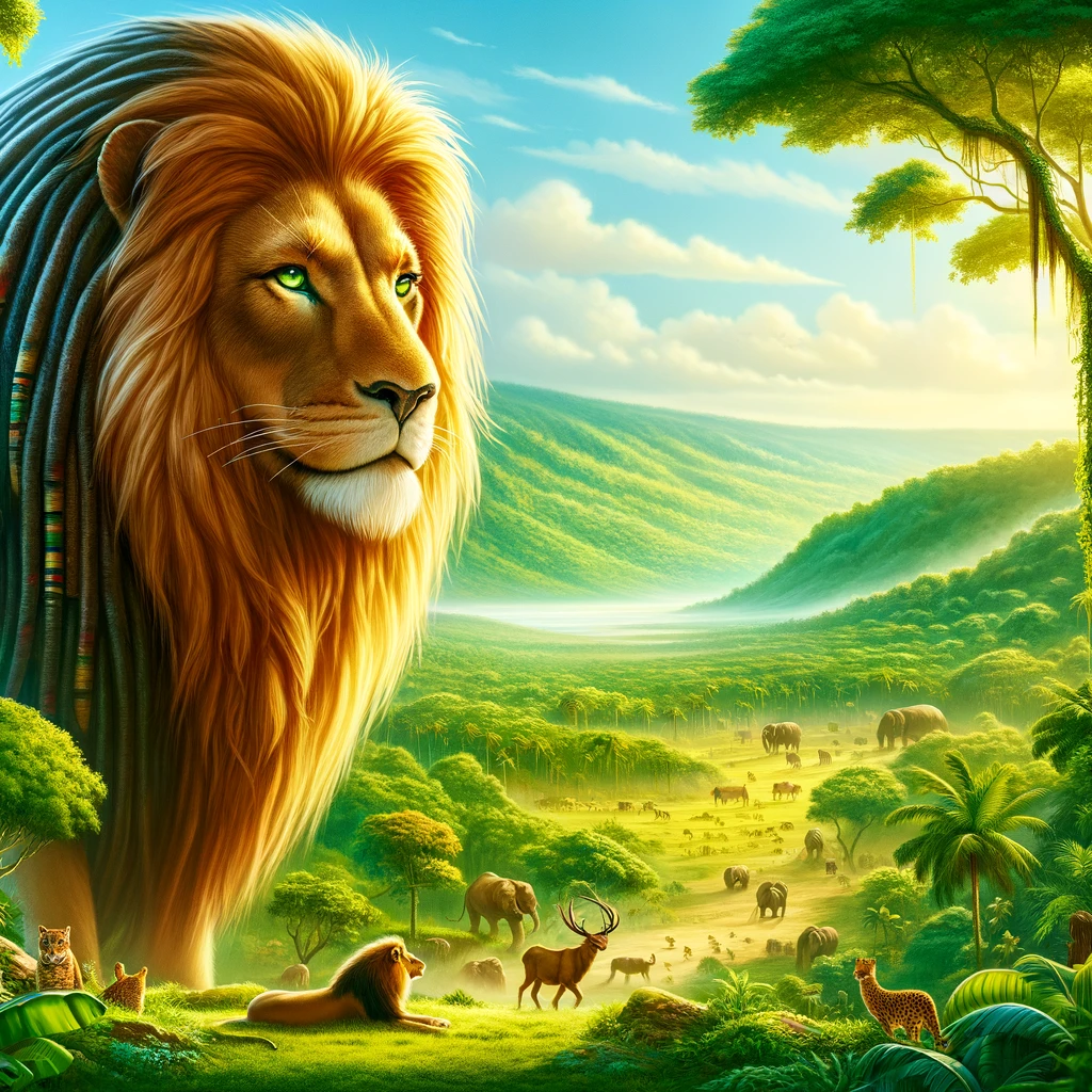 A wise old lion with a golden mane sitting serenely on a hilltop in the verdant hills of Jamaica, symbolizing strength and royalty, with a young lion approaching him in a lush, vibrant jungle setting.