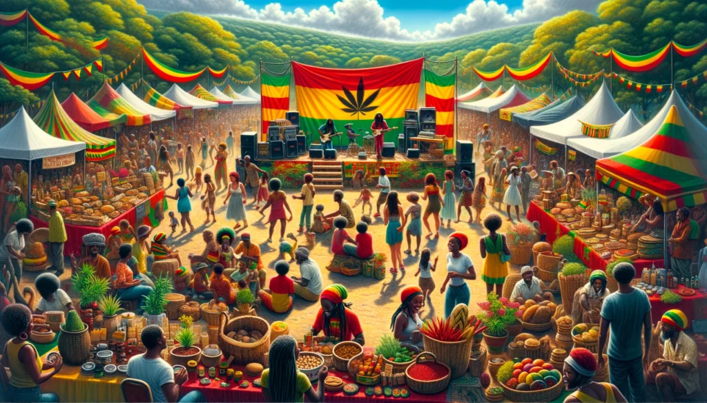 Vibrant Rasta gathering with various booths selling crafts and baked goods, diverse people mingling and enjoying reggae music, a band performing on stage, surrounded by red, gold, and green banners symbolizing Rasta culture, set in an outdoor location with lush green trees and a clear blue sky.