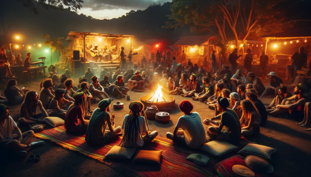 Evening Rasta gathering around a bonfire with diverse people sharing stories and music, a small stage with a reggae band in the background, surrounded by nature and illuminated by soft lighting with red, gold, and green accents symbolizing Rasta culture.