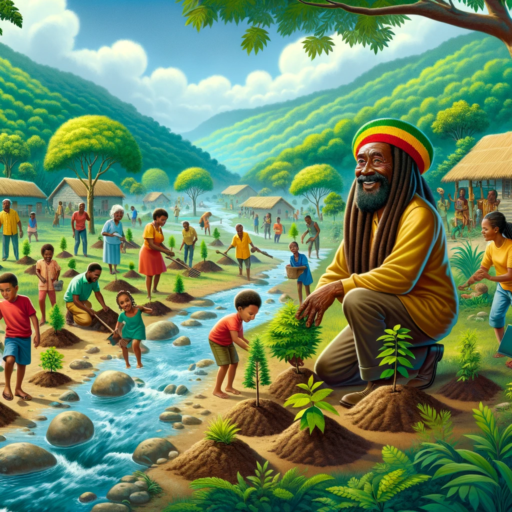 A vibrant scene in a Jamaican village with lush green hills and clear rivers, where people of all ages gather to plant trees. The background features a Rasta elder, Lionheart, leading the community with joy and unity. Reggae music and laughter fill the air, with children playing and elders sharing stories. The foreground shows a variety of young trees, symbolizing hope and environmental responsibility.