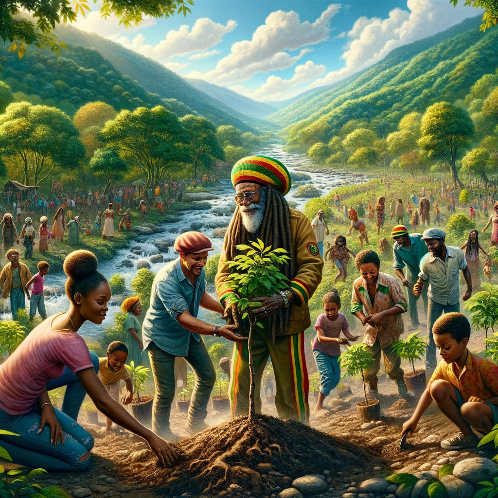  A vibrant scene in a Jamaican village with lush green hills and clear rivers, where people of all ages gather to plant trees. The background features a Rasta elder, Lionheart, leading the community with joy and unity. Reggae music and laughter fill the air, with children playing and elders sharing stories. The foreground shows a variety of young trees, symbolizing hope and environmental responsibility.