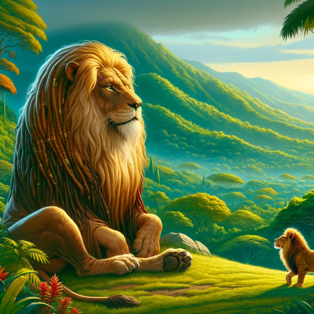 A wise old lion with a golden mane sitting serenely on a hilltop in the verdant hills of Jamaica, symbolizing strength and royalty, with a young lion approaching him in a lush, vibrant jungle setting.
