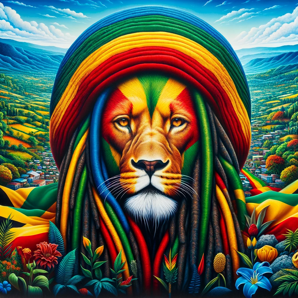 a vibrant and colorful representation that captures di essence of di Rastafari movement, filled with significant symbols and the spirit of unity, resilience, and pride