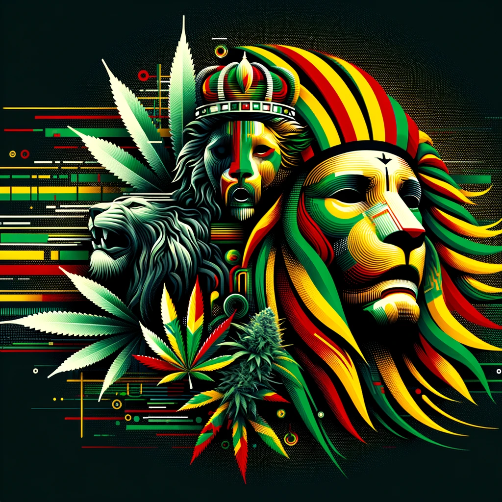 capturing di spirit and vibes of Rastafari culture. It embodies strength, pride, and di joyful spirit of reggae music, set against a backdrop that connects to di earth and nature.