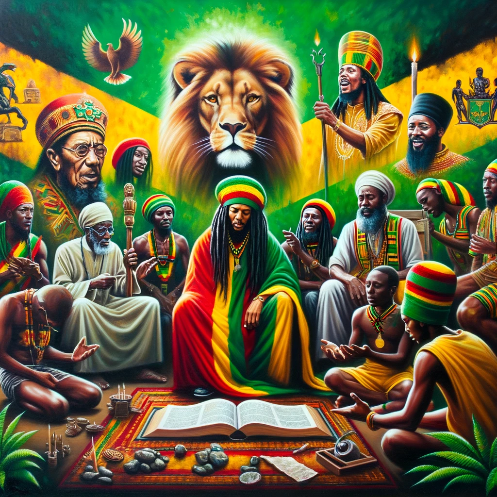 A vibrant painting capturing the essence of the Rastafari movement in Jamaica. It should feature a landscape that includes iconic symbols such as the Lion of Judah, a portrait of Marcus Garvey, Emperor Haile Selassie, and Bob Marley in the background. The foreground should depict Rastafarians in traditional garments, engaging in spiritual practices with a backdrop of the Jamaican flag colors (green, yellow, and black). This representation aims to embody the movement's rich cultural and spiritual depth.