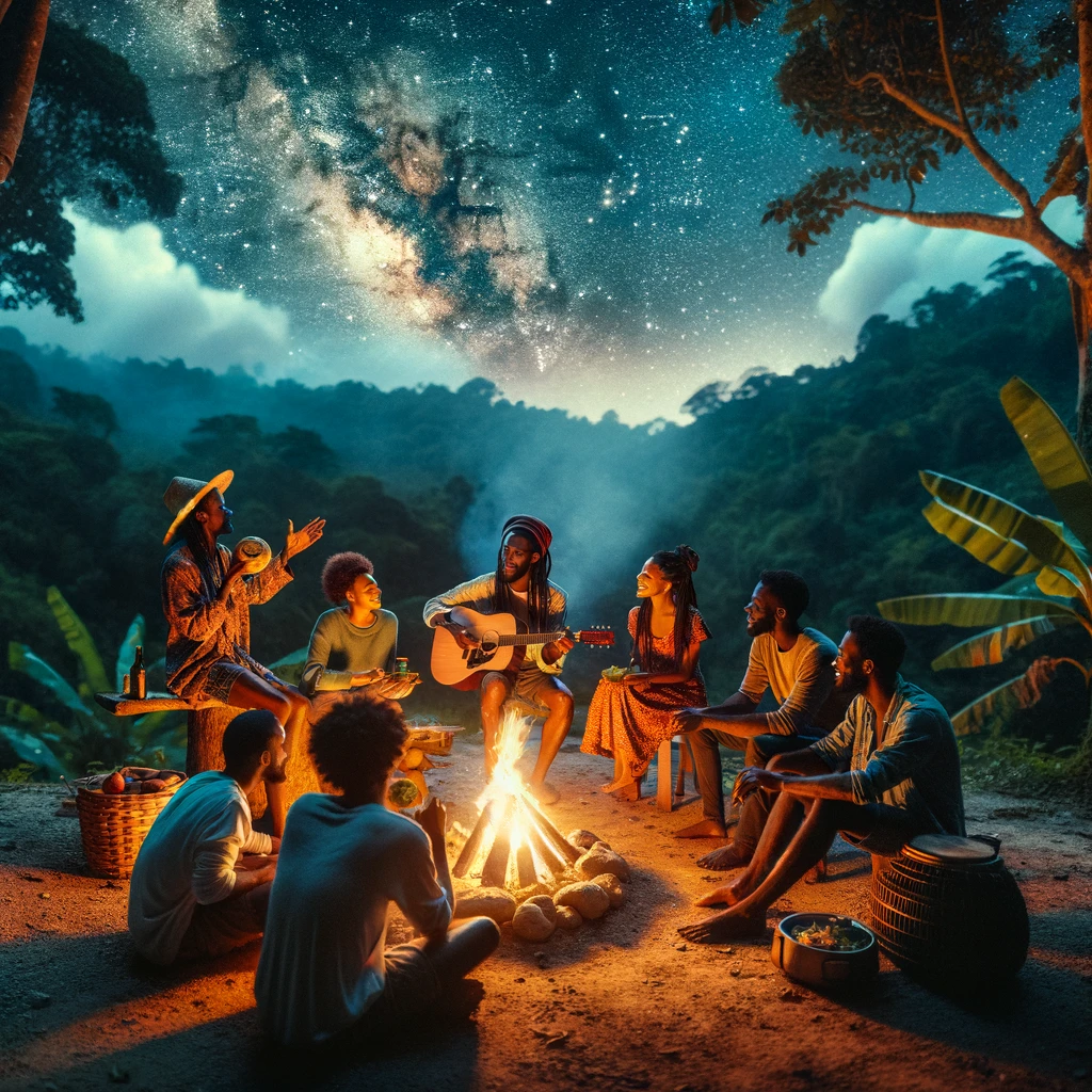 The image captures the essence of their togetherness around a small fire under the starlit sky, enjoying a meal and music in the lush Jamaican countryside.