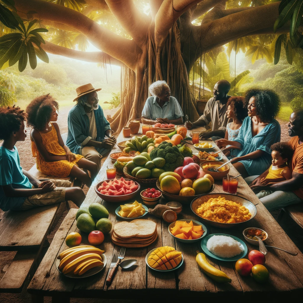 Morgan family enjoying a nourishing breakfast under the shade of a large mango tree, with a rustic wooden table laden with tropical fruits and ackee and saltfish.