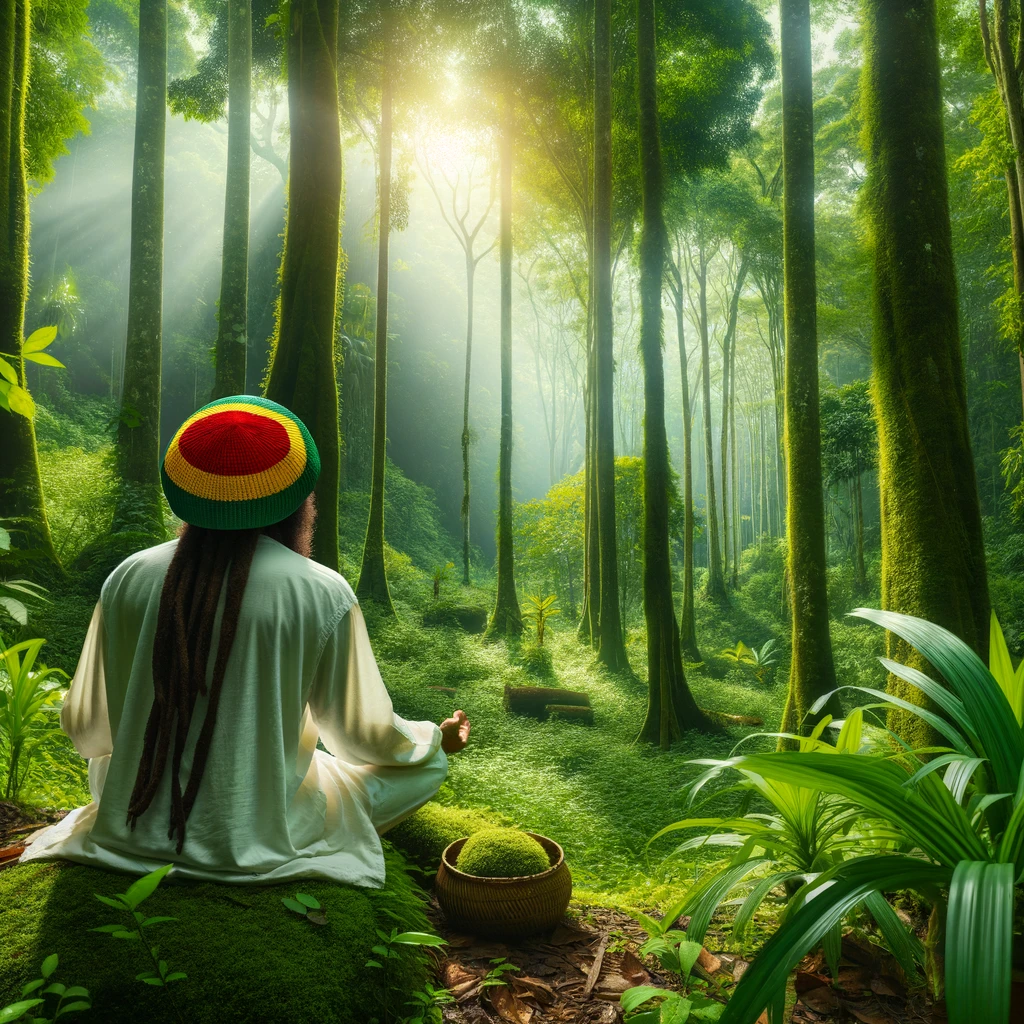 Rasta individual meditating in a lush forest, showcasing the deep spiritual connection between Rastafari culture and nature.