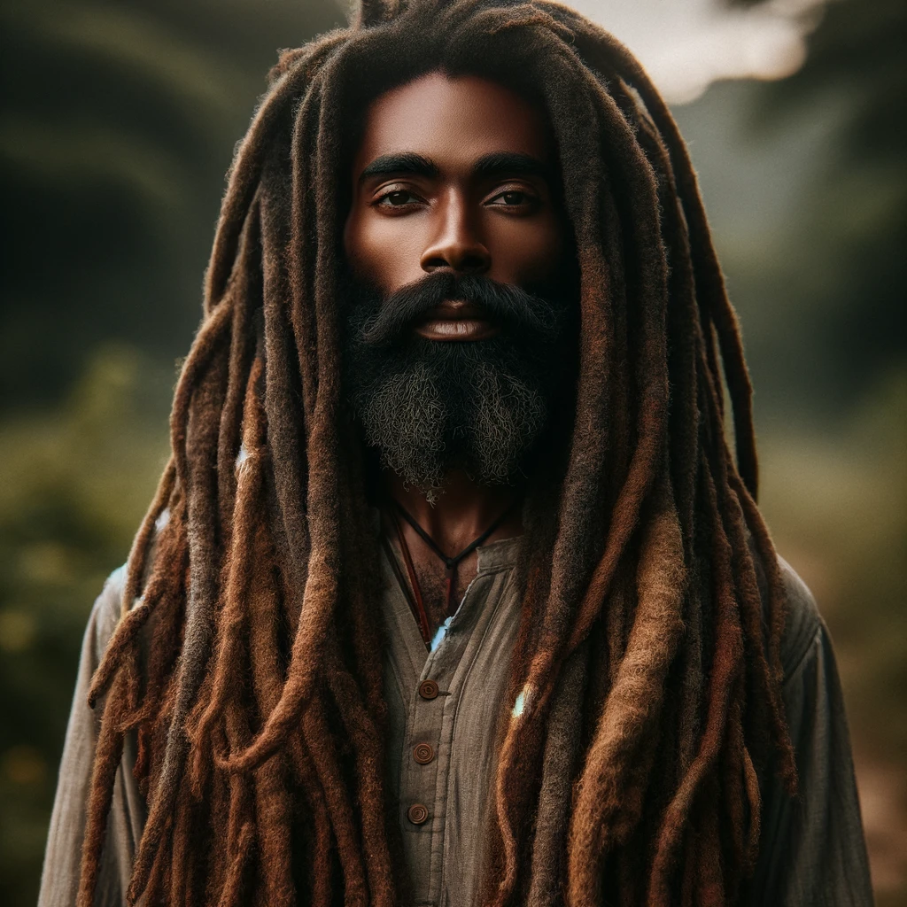 Portrait of a serene Rasta individual with thick dreadlocks, symbolizing strength, spirituality, and a connection to nature, set against an earthy background.