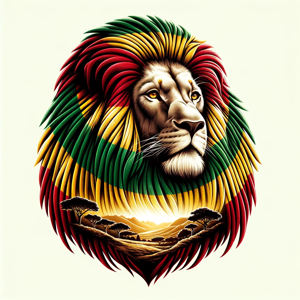 Regal Lion of Judah with a mane in Rasta colors, set against an Ethiopian landscape, symbolizing strength, divine kingship, and the cultural identity of Rastafari.