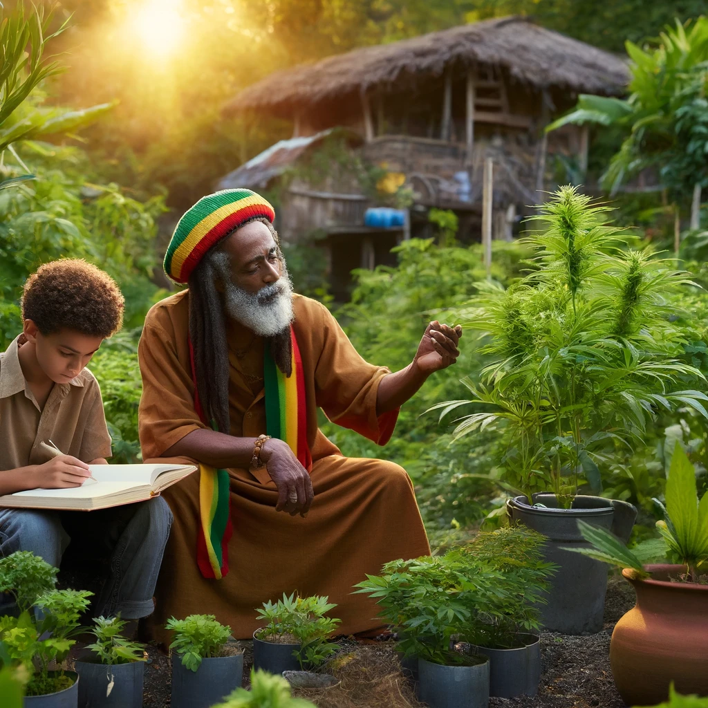 Rasta individual preparing herbal remedies on a wooden table with various herbs like cannabis, moringa, and ginger, set against a lush green garden, depicting the deep connection of Rastafari culture to natural healing