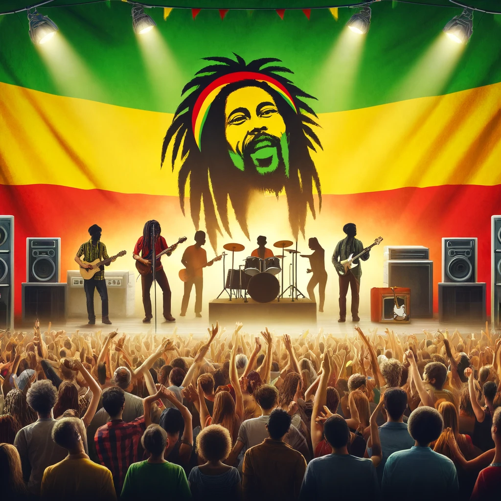 Reggae band performing on stage at a lively concert, with the audience engaged and hands raised, surrounded by Rasta colors, symbolizing the unifying and revolutionary spirit of reggae music in Rastafari culture.