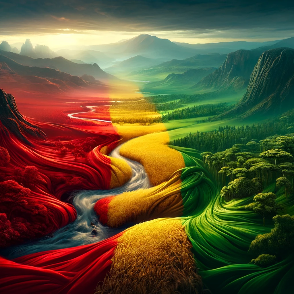 Majestic landscape depicting the Rastafari colors with Ethiopian highlands in the background, a river, golden wheat fields, and lush green forests, symbolizing struggle, wealth, and life.