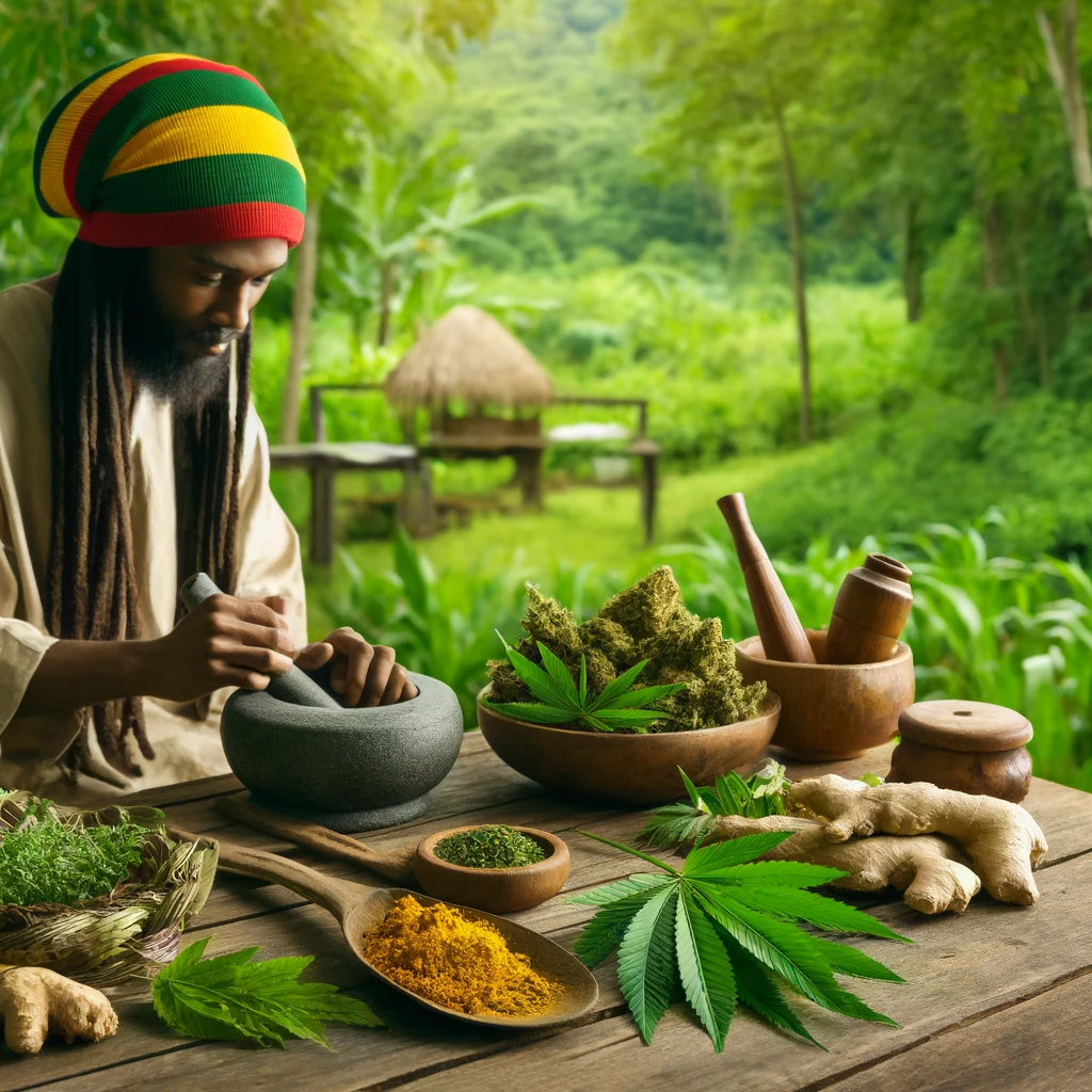 Rasta individual preparing herbal remedies on a wooden table with various herbs like cannabis, moringa, and ginger, set against a lush green garden, depicting the deep connection of Rastafari culture to natural healing