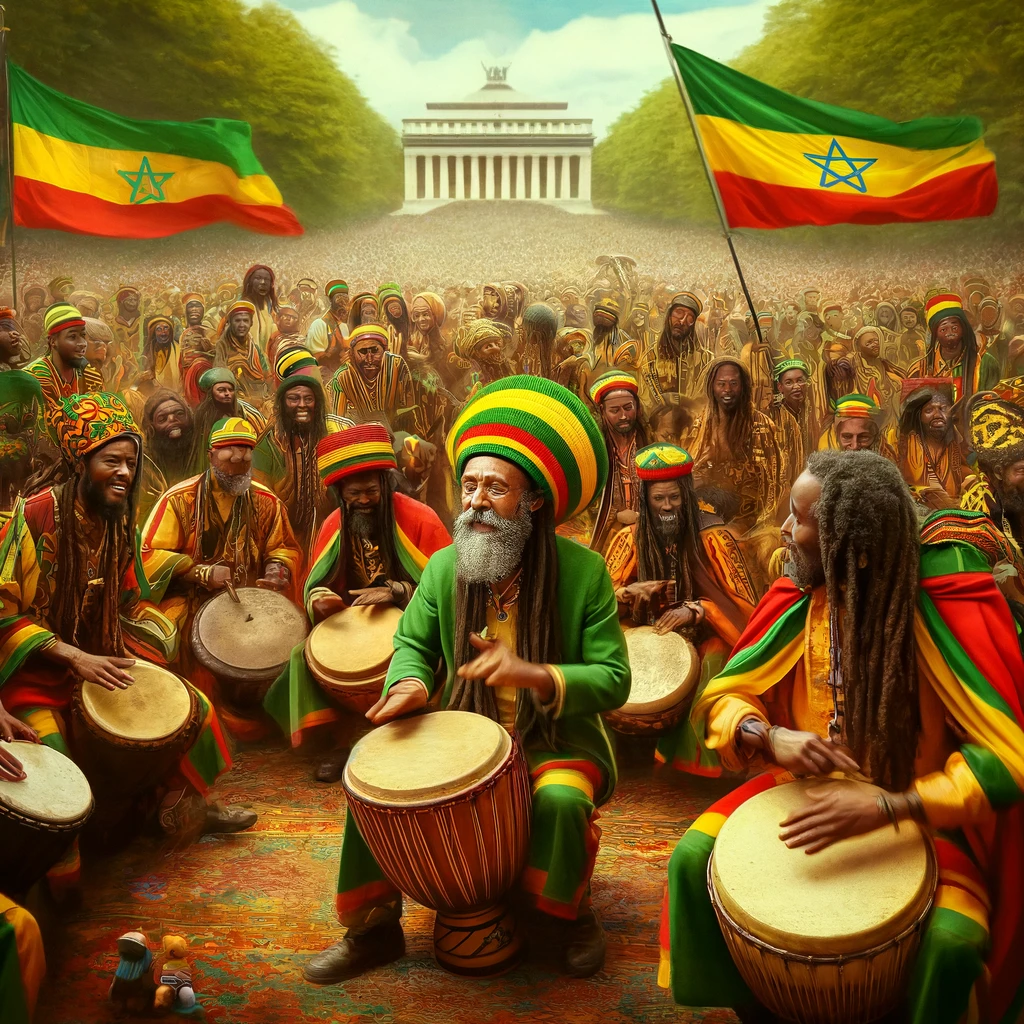 Rastafari community celebrating Haile Selassie's birthday with Nyabinghi drumming and dancing, adorned in traditional colors, embodying the spirit of unity and reverence.