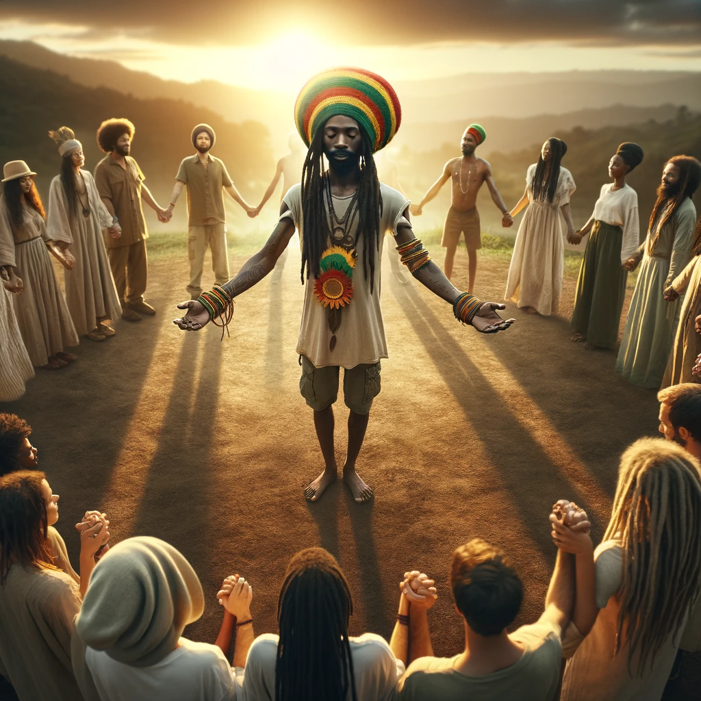 Diverse group of Rastafari individuals joining hands in a circle at sunrise, symbolizing the 'I and I' concept of unity and divine consciousness in Rastafari culture.