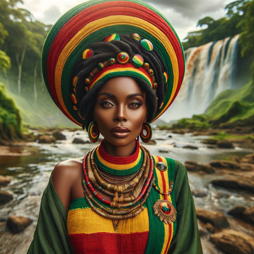 Rastafari Queen in traditional attire, standing powerfully against a waterfall backdrop, embodying the strength and leadership of Rastafari women.