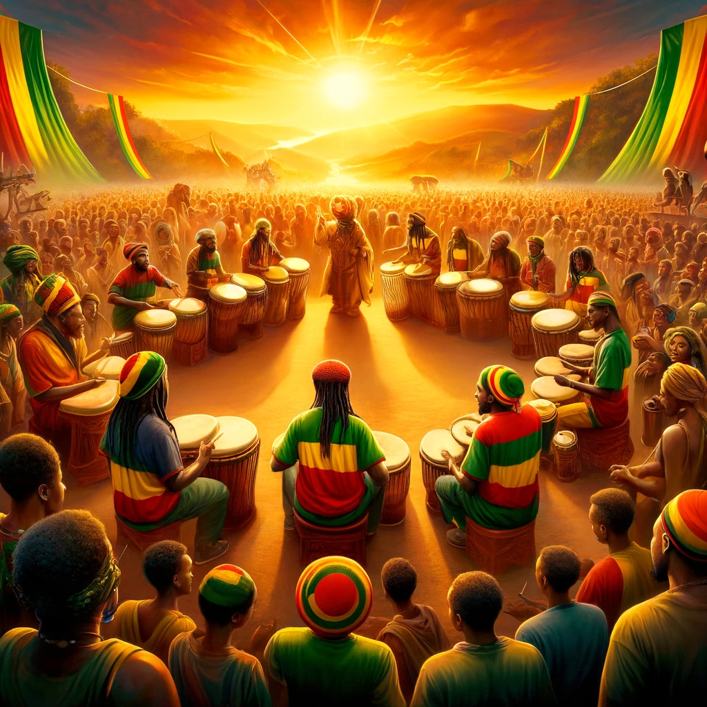 Rastafari community celebrating Groundation Day with a Nyabinghi drumming session, surrounded by a festive crowd under a sunset, symbolizing hope and spiritual unity, adorned with Rasta colors and Ethiopian symbols.