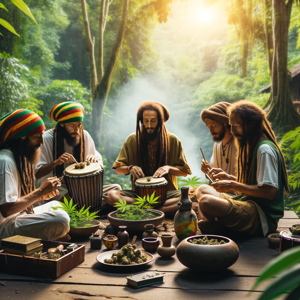 Rastafarians in a serene outdoor setting, using ganja in a spiritual ritual with drumming and chanting, surrounded by lush greenery and peaceful ambiance.