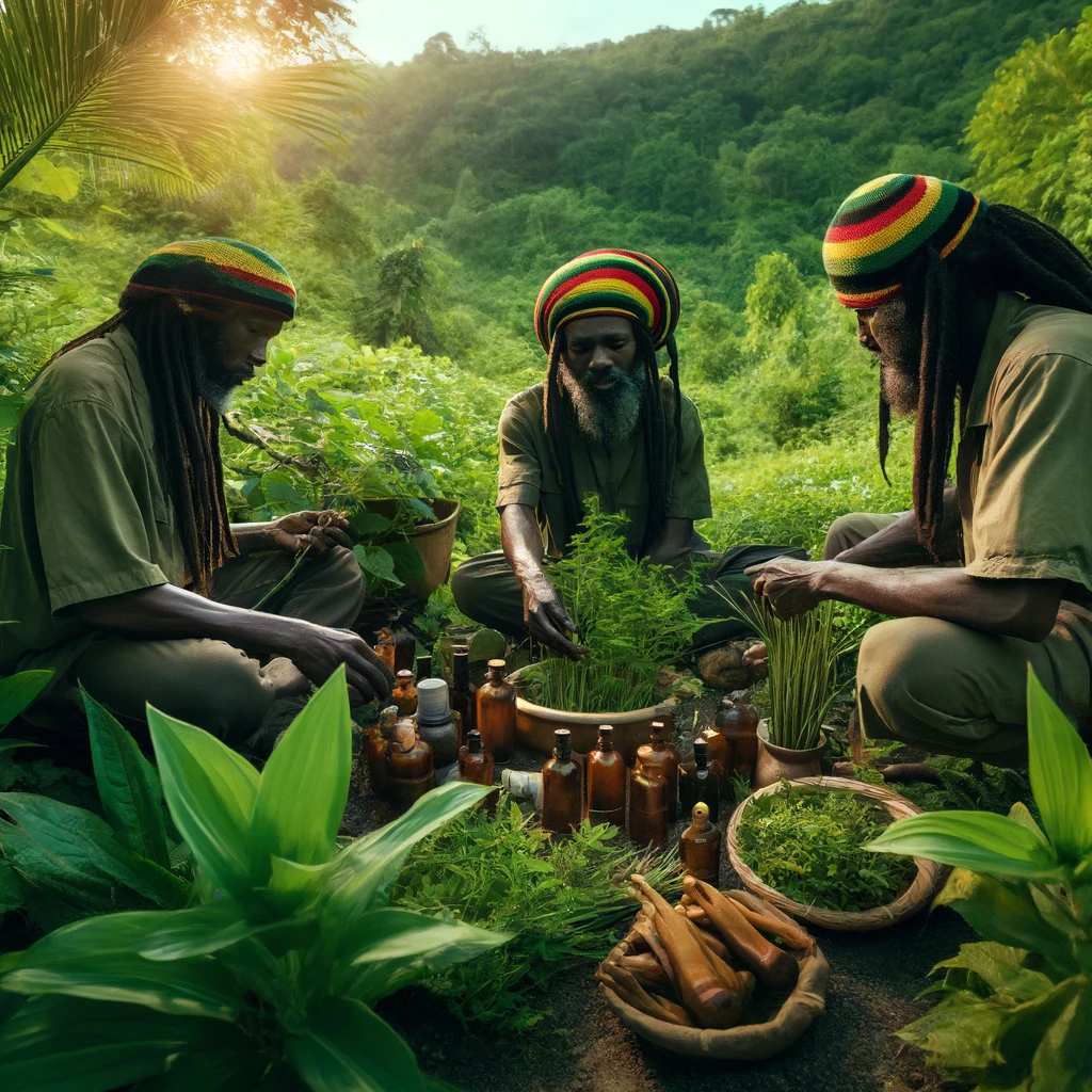 Rastafarians in the Jamaican countryside, gathering healing plants like cerasee, fever grass, guinea hen weed, and aloe vera, surrounded by lush greenery.