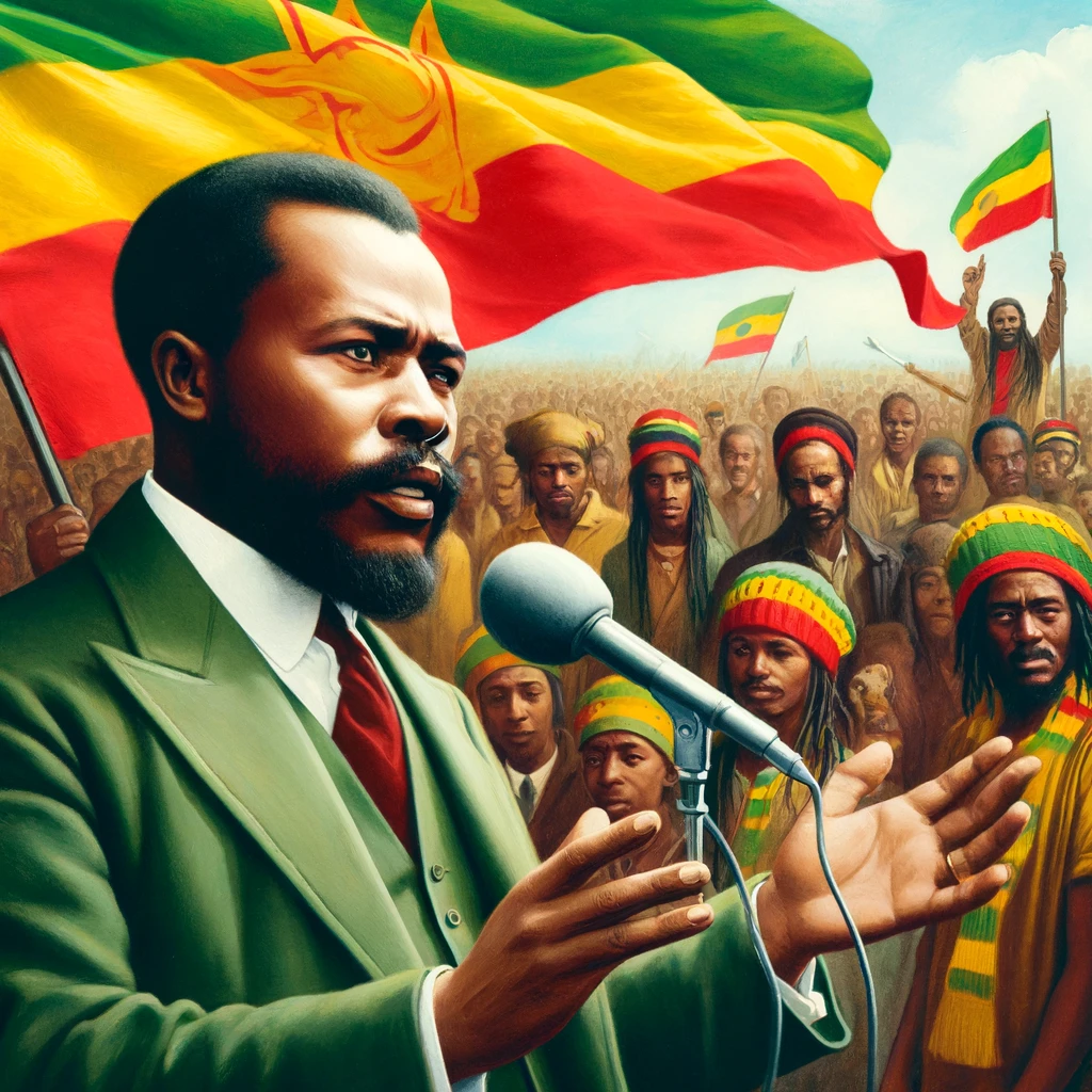 Marcus Garvey giving a passionate speech with Rastafarians holding Ethiopian flags in the background, symbolizing his influence on the Rastafari movement.