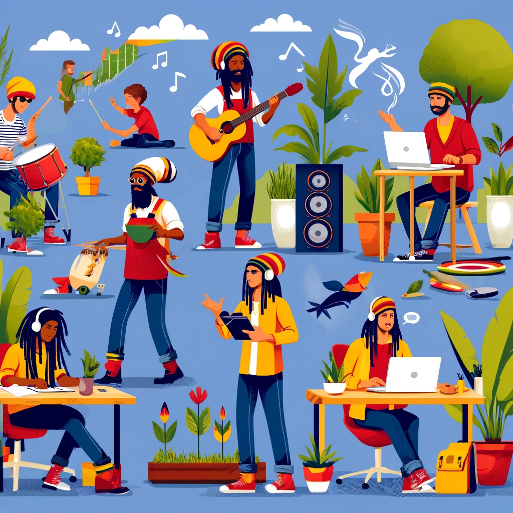 Modern day Rastafarians using technology, playing music, gardening, and participating in a social justice rally, showcasing the blend of tradition and modernity.