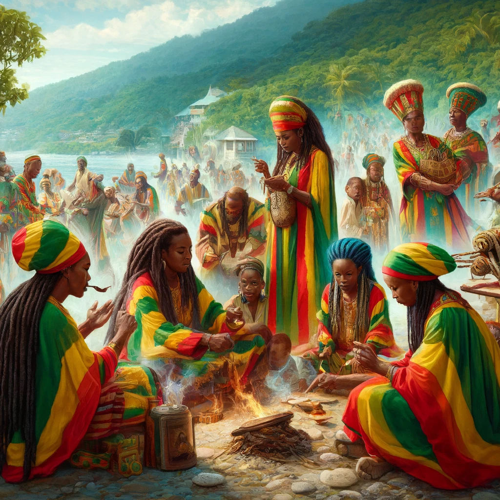Rastafari women in vibrant traditional attire, leading a community gathering, participating in spiritual rituals, and educating children, set against a backdrop of lush Jamaican scenery.