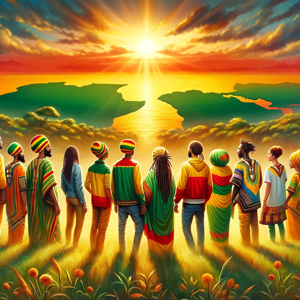 Group of Rastafari individuals gazing towards a golden sunrise over the African continent, symbolizing their spiritual and physical journey of repatriation, dressed in traditional Rasta colors.