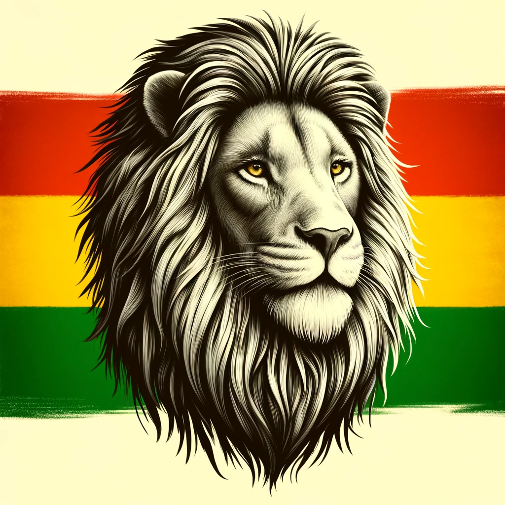Majestic lion standing strong with the Rastafari flag in the background, symbolizing strength and spiritual significance in Rastafari culture.