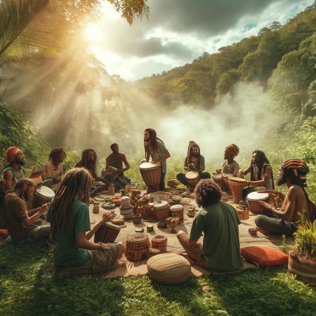 Rastafarian community gathered in nature, sharing an Ital meal, drumming, and engaging in spiritual practices under the open sky.