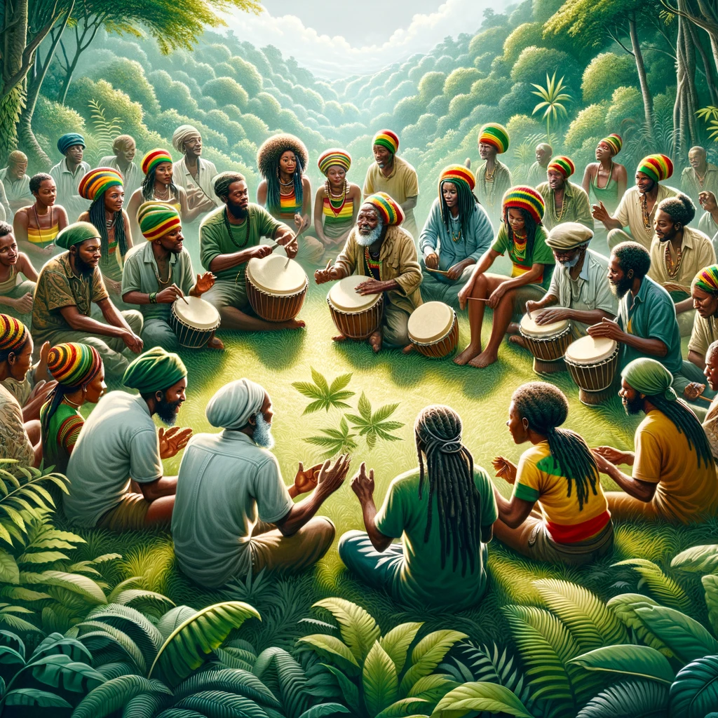 Rastafari community gathering in a Nyabinghi drum circle, surrounded by lush greenery, symbolizing their deep bonds and the importance of unity and spirituality in their culture.