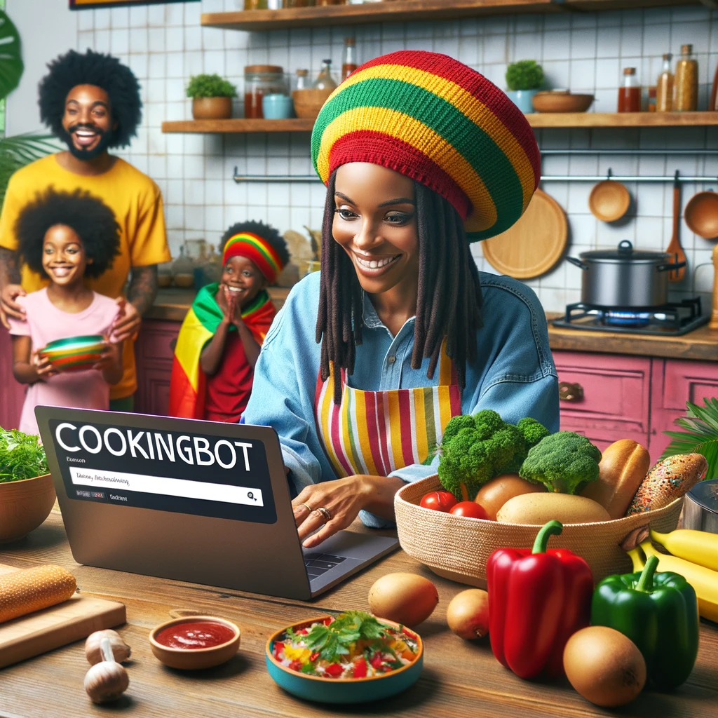 Rastafarian woman in a vibrant kitchen looking at the CookingBot website on her laptop, with the CookingBot text visible on the screen. Surrounded by Caribbean type foods, children around her, and a Rastaman seen in the yard in the background. The scene features vibrant Rasta colors.