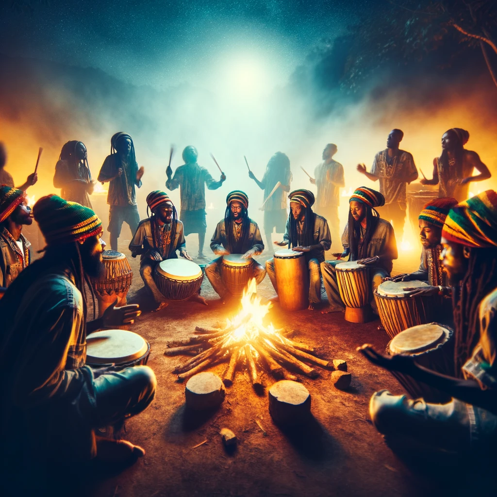 Rastafarians at a Nyabinghi gathering, drumming and chanting around a fire under the night sky, highlighting the spiritual and communal essence of the event.