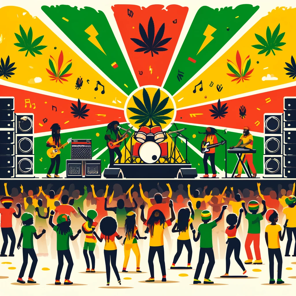 Lively reggae concert with Rastafarians and music lovers dancing and enjoying the performance, celebrating Reggae Month.