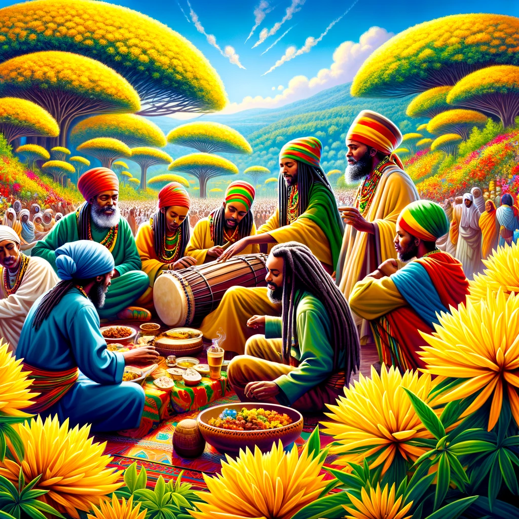 Rastafari community celebrating Enkutatash, dressed in colorful Ethiopian attire, sharing food and engaging in drumming, surrounded by bright yellow Meskel flowers, symbolizing renewal and unity.