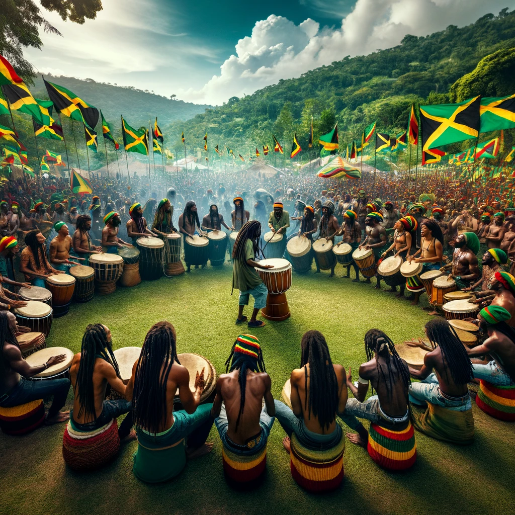 Rastafarians in a circle, drumming and chanting at the Nyabinghi grounds, surrounded by lush Jamaican hills and vibrant flags.