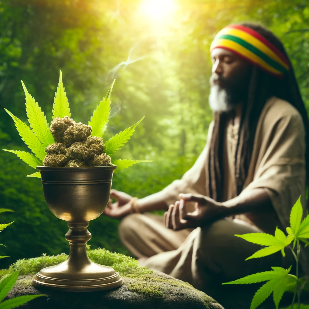 Rastafari individual meditating with a chalice of ganja in a natural setting, surrounded by lush greenery, symbolizing the sacred and spiritual use of the herb.