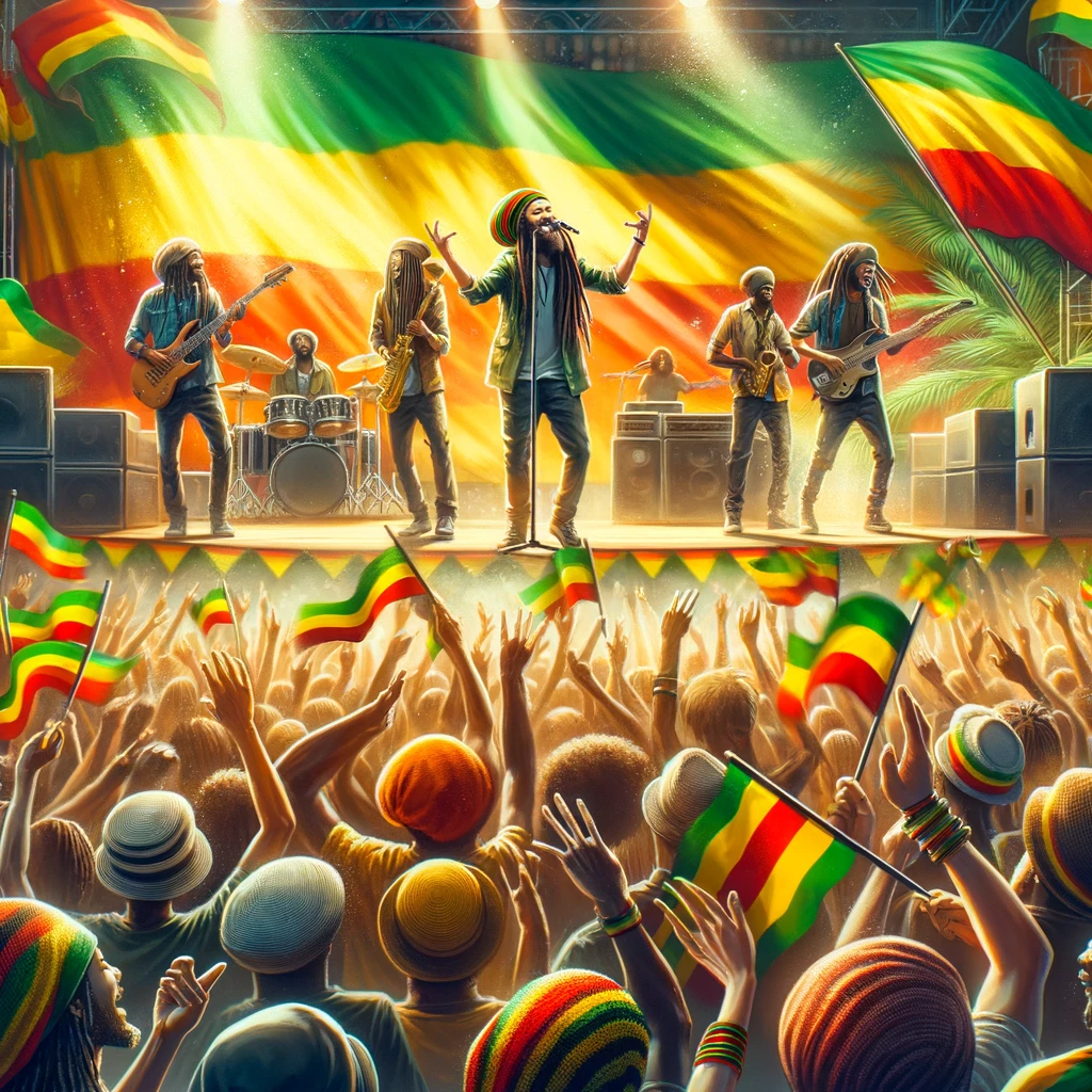 Reggae Month celebration with musicians performing on stage, surrounded by an enthusiastic crowd waving Rasta flags, capturing the joy and unity of the event."