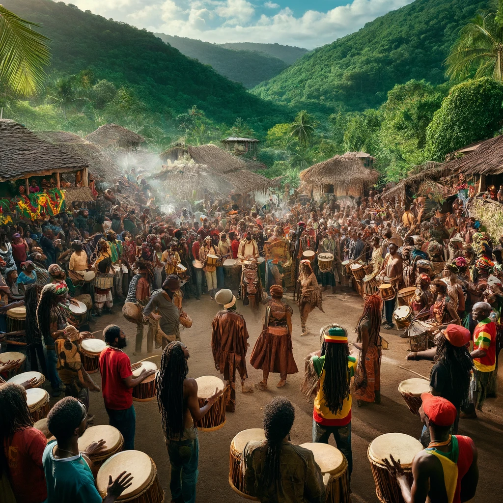 A vibrant Maroon village with Rastafarians and Maroons gathered, participating in drumming and chanting rituals, surrounded by lush Jamaican landscape.