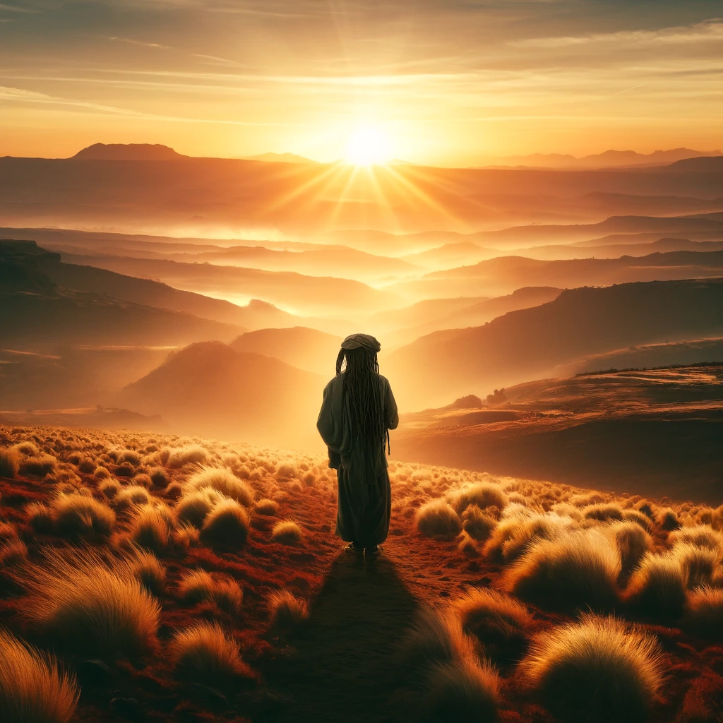 Rastafarian individual gazing towards the horizon in the Ethiopian highlands at sunrise, symbolizing the spiritual journey towards Zion in Rastafari belief.