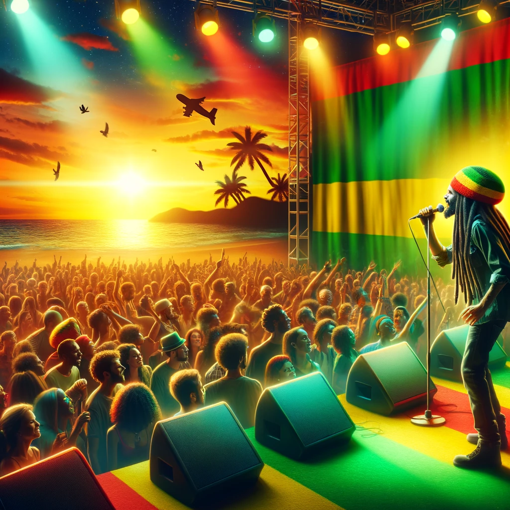 Dynamic reggae concert with a Rasta musician performing on stage, engaging a diverse crowd under a sunset backdrop, highlighting the global influence of reggae music